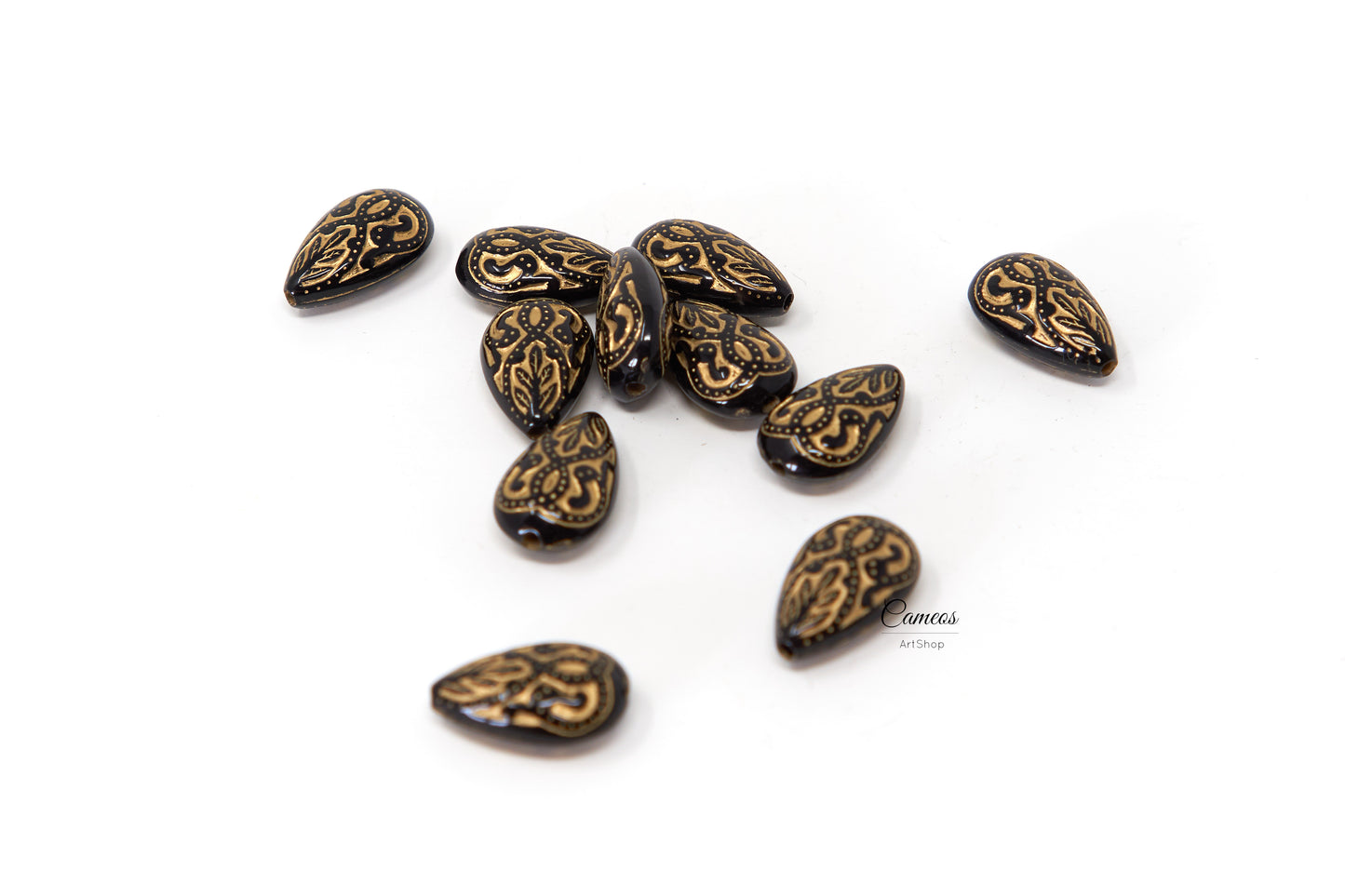 20 pcs Acrylic Drop Gold Laced Beads, Black Gold Etched Teardrop Bead, Flat Drop Beads 18mm