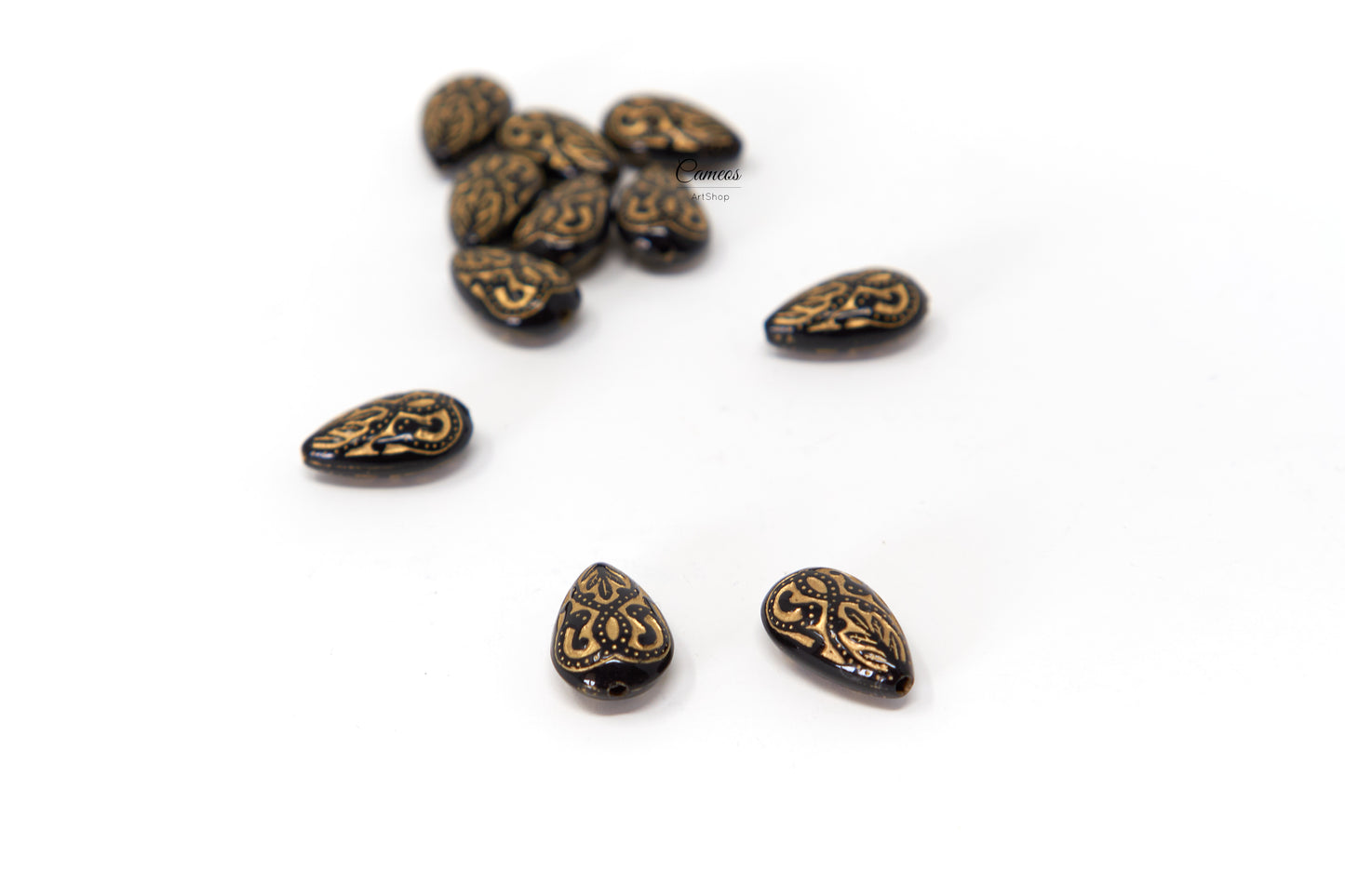 20 pcs Acrylic Drop Gold Laced Beads, Black Gold Etched Teardrop Bead, Flat Drop Beads 18mm