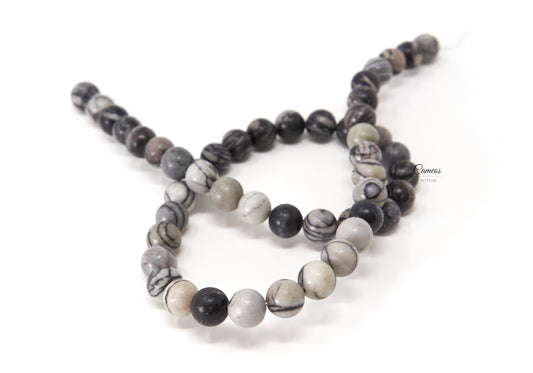 Black Silk Netstone Beads, 8mm Black and White Beads, Natural Gemstone Beads, 10 pcs