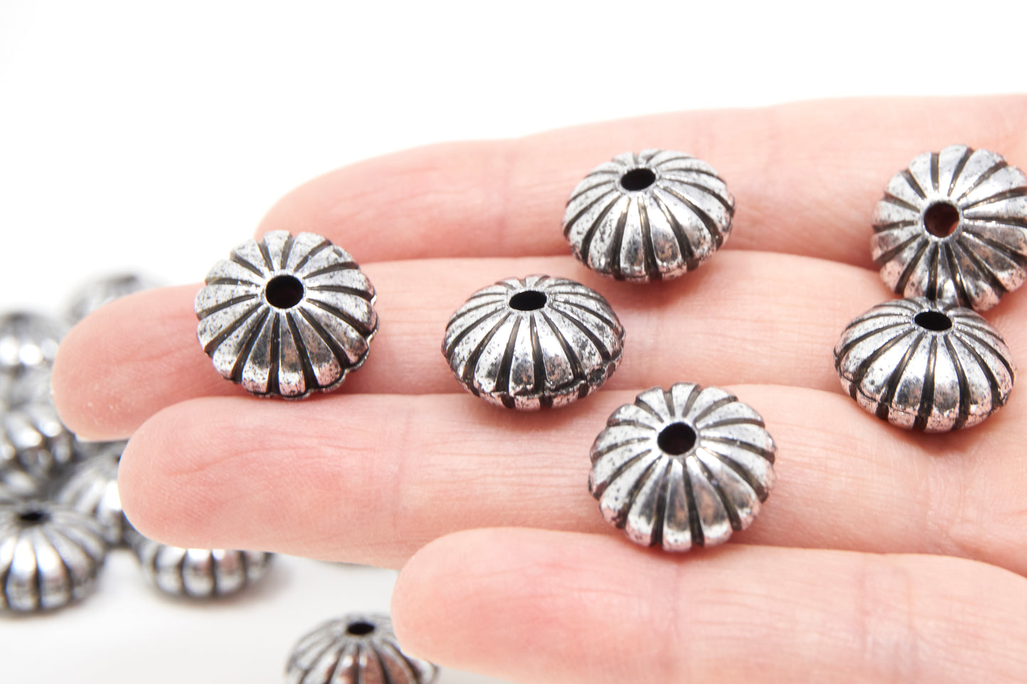 Antique Silver Acrylic Spacer Jewelry Beads, Vintage Bicone Beads 14mm, 30pcs