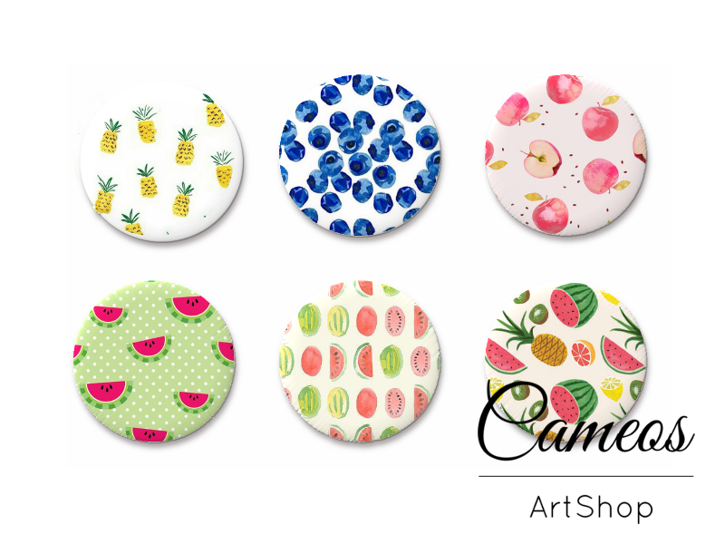 6 pieces round glass cabochons 20mm or 25mm, Fruit Motive- G970 - Cameos Art Shop