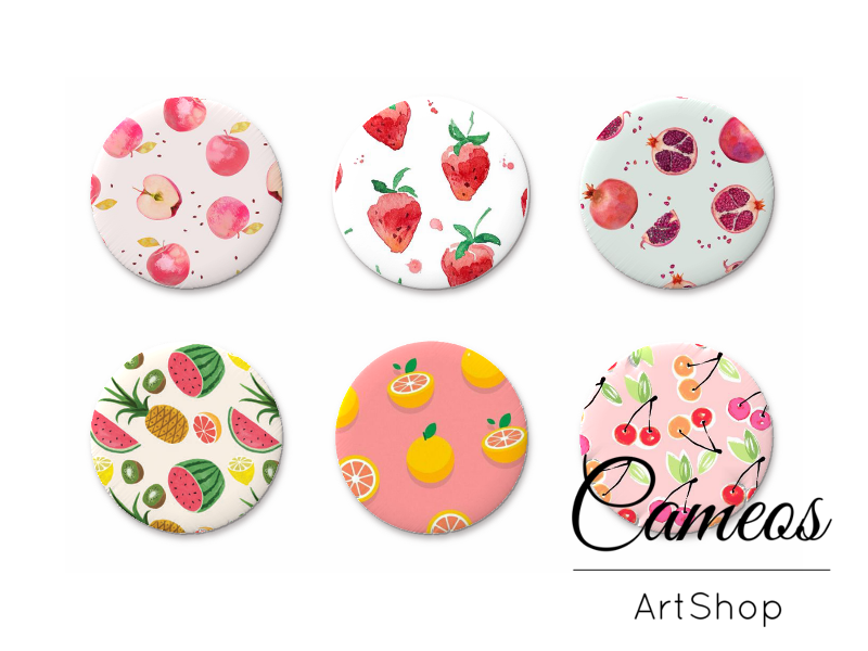6 pieces round glass cabochons 20mm or 25mm, Fruit Motive- G971 - Cameos Art Shop