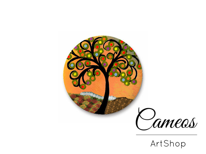 Round handmade glass cabochons 8mm up to 25mm, Colorful Trees Motive- L192 - Cameos Art Shop