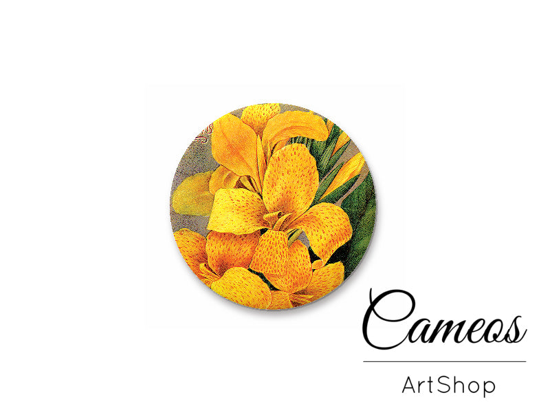 Round handmade glass cabochons 8mm up to 25mm, Yellow Flowers- L238 - Cameos Art Shop