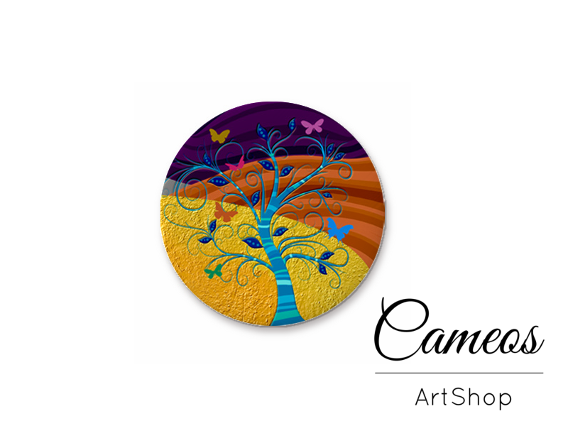 Round handmade glass dome cabochons 8mm up to 25mm, Colorful Tree- L540 - Cameos Art Shop