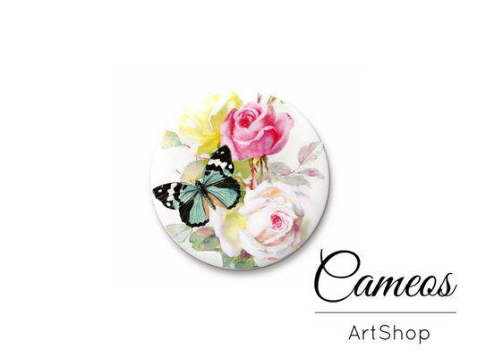 Round handmade glass cabochons 8mm up to 25mm, Flowers and Butterfly- L80 - Cameos Art Shop
