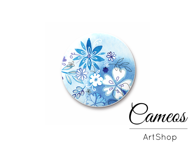 Round handmade glass cabochons 8mm up to 25mm, Blue Flowers - L91 - Cameos Art Shop
