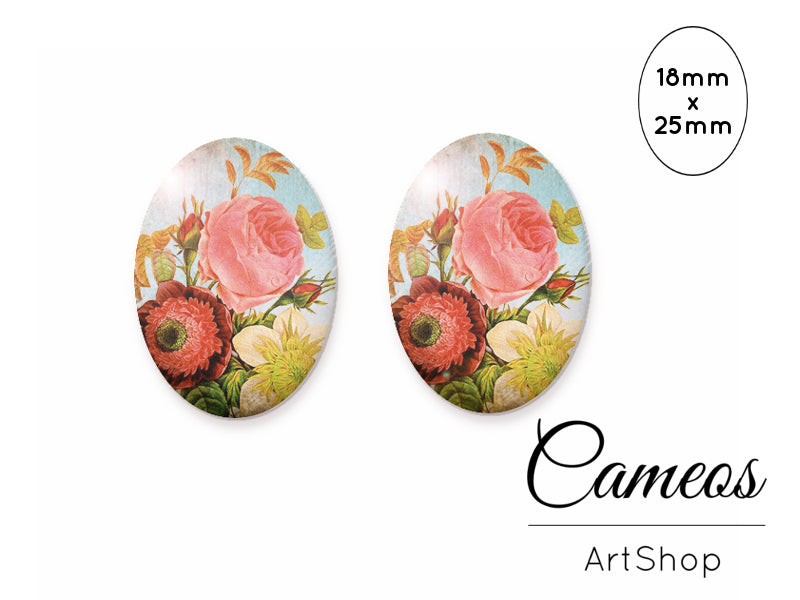 Oval Glass Cabochon 18x25mm Flowers motive 2 pieces - O100 - Cameos Art Shop