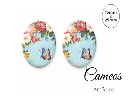 Oval Glass Cabochon 18x25mm Butterfly motive 2 pieces - O101 - Cameos Art Shop