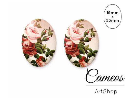 Oval Glass Cabochon 18x25mm Flowers motive 2 pieces - O102 - Cameos Art Shop
