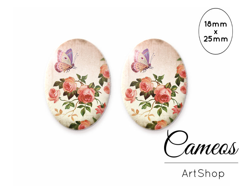 Oval Glass Cabochon 18x25mm Butterfly motive 2 pieces - O104 - Cameos Art Shop