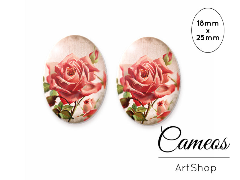 Oval Glass Cabochon 18x25mm Rose motive 2 pieces - O105 - Cameos Art Shop