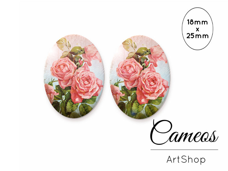 Oval Glass Cabochon 18x25mm Rose motive 2 pieces - O106 - Cameos Art Shop