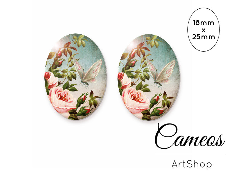 Oval Glass Cabochon 18x25mm Butterfly motive 2 pieces - O108 - Cameos Art Shop