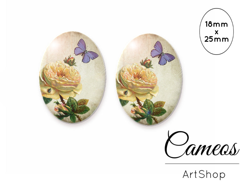 Oval Glass Cabochon 18x25mm Butterfly motive 2 pieces - O109 - Cameos Art Shop