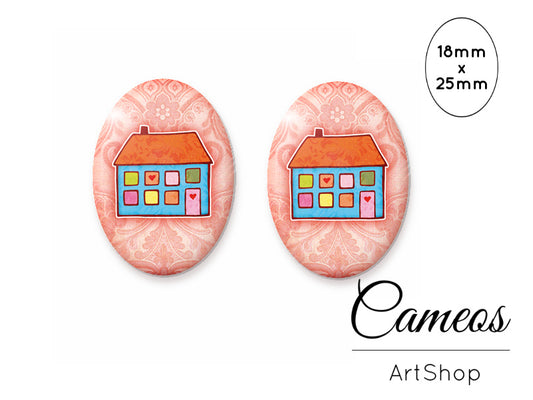 Oval Glass Cabochon 18x25mm Cute house motive 2 pieces - O114 - Cameos Art Shop