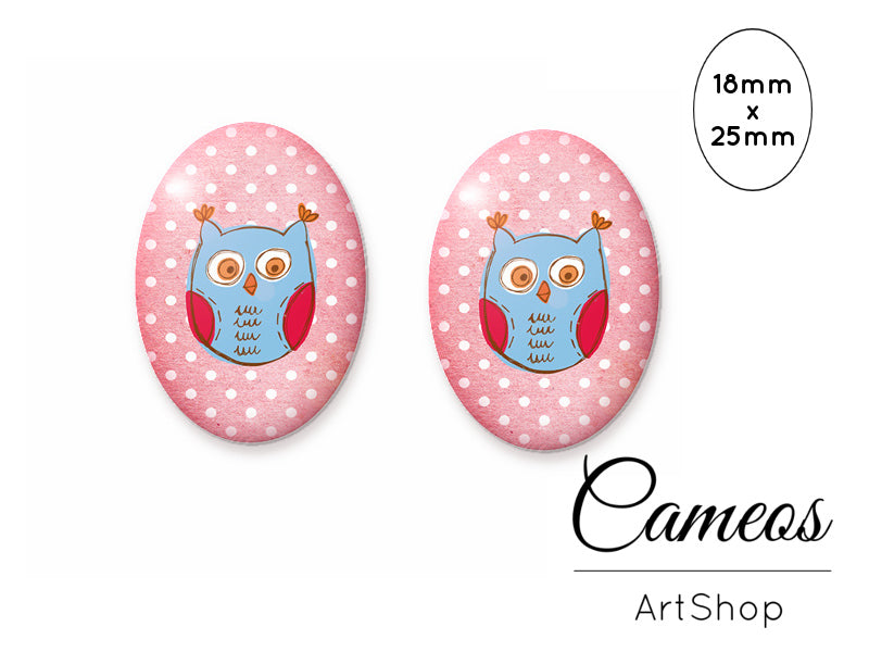 Oval Glass Cabochon 18x25mm, Cute Owl motive 2 pieces - O115 - Cameos Art Shop