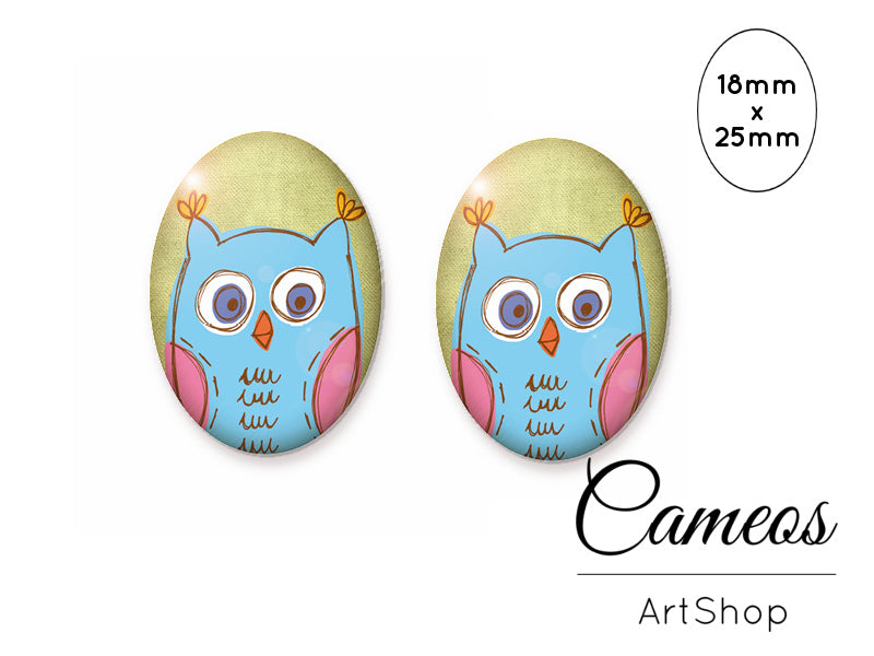 Oval Glass Cabochon 18x25mm, Cute Owl motive 2 pieces - O116 - Cameos Art Shop