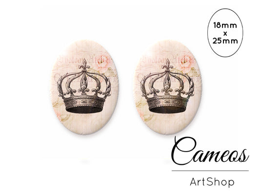 Oval Glass Cabochon 18x25mm Crown motive 2 pieces - O119 - Cameos Art Shop