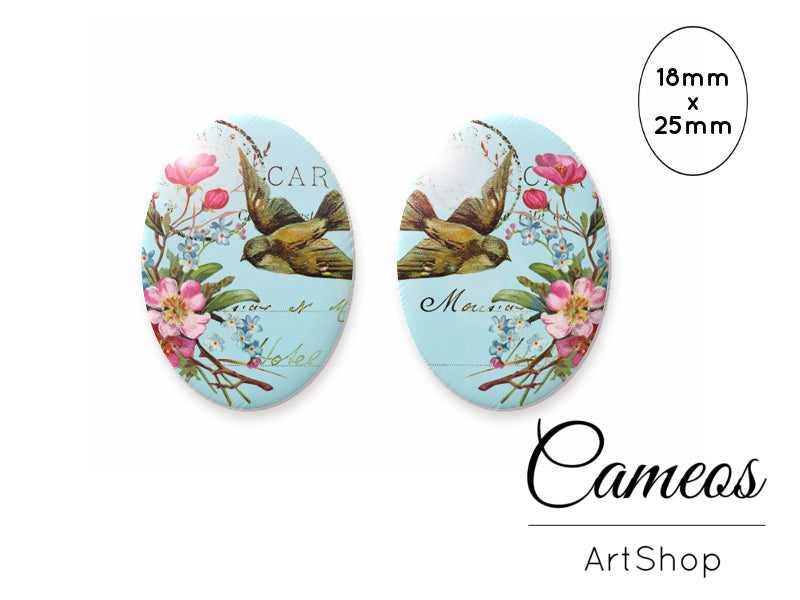Oval Glass Cabochon 18x25mm Swallow motive 2 pieces - O120 - Cameos Art Shop