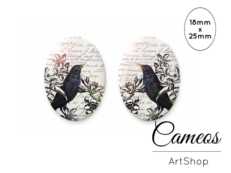 Oval Glass Cabochon 18x25mm Bird motive 2 pieces - O121 - Cameos Art Shop