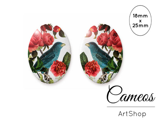 Oval Glass Cabochon 18x25mm Bird motive 2 pieces - O122 - Cameos Art Shop