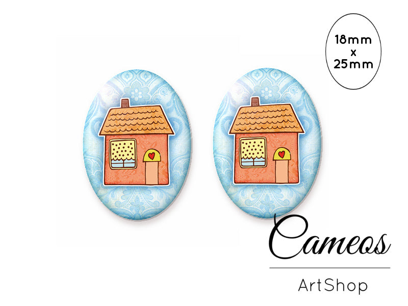 Oval Glass Cabochon 18x25mm Cute house motive 2 pieces - O124 - Cameos Art Shop