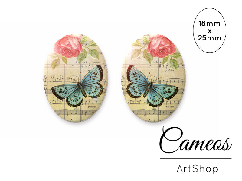 Oval Glass Cabochon 18x25mm Butterfly motive 2 pieces - O125 - Cameos Art Shop