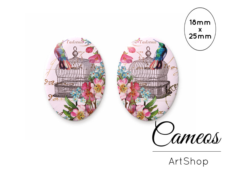 Oval Glass Cabochon 18x25mm Bird cage motive 2 pieces - O126 - Cameos Art Shop
