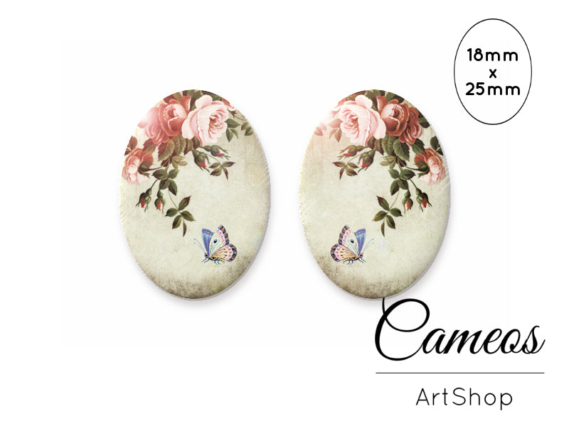 Oval Glass Cabochon 18x25mm Butterfly motive 2 pieces - O128 - Cameos Art Shop