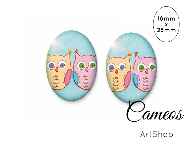 Oval Glass Cabochon 18x25mm, Cute Owl motive 2 pieces - O130 - Cameos Art Shop