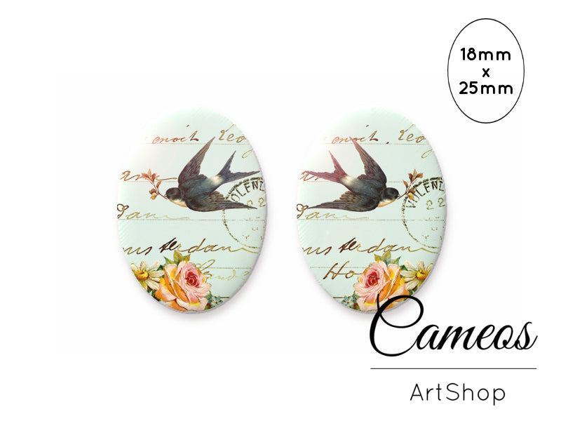 Oval Glass Cabochon 18x25mm Swallow motive 2 pieces - O137 - Cameos Art Shop