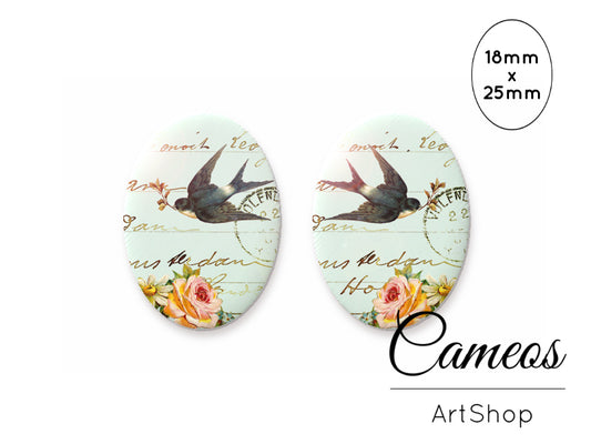 Oval Glass Cabochon 18x25mm Swallow motive 2 pieces - O137 - Cameos Art Shop