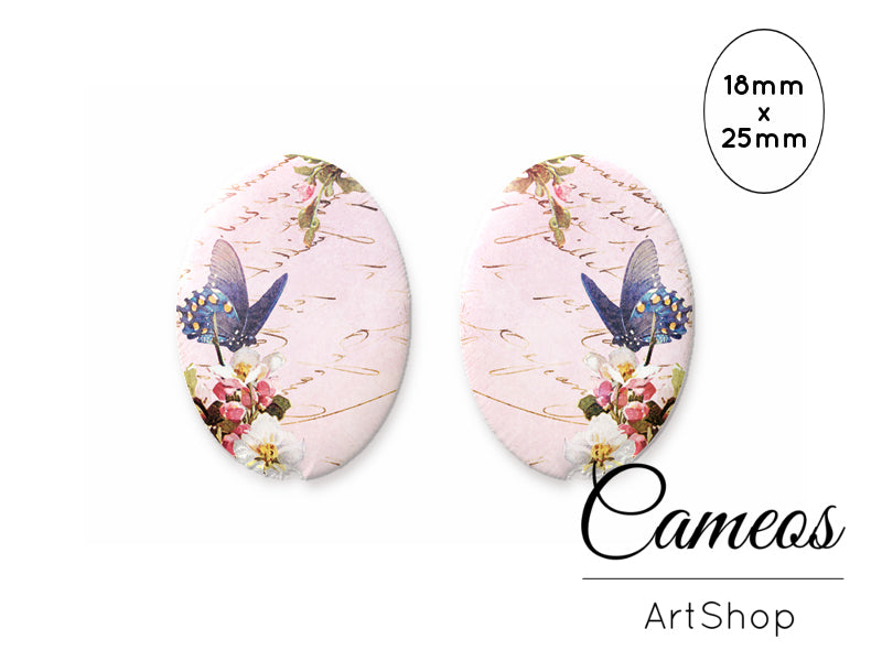 Oval Glass Cabochon 18x25mm Floral motive 2 pieces - O138 - Cameos Art Shop