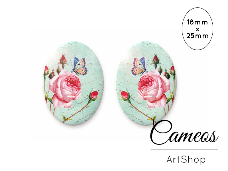 Oval Glass Cabochon 18x25mm Floral motive 2 pieces - O139 - Cameos Art Shop