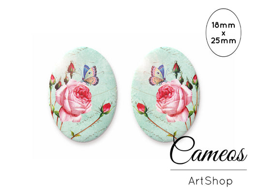 Oval Glass Cabochon 18x25mm Floral motive 2 pieces - O139 - Cameos Art Shop