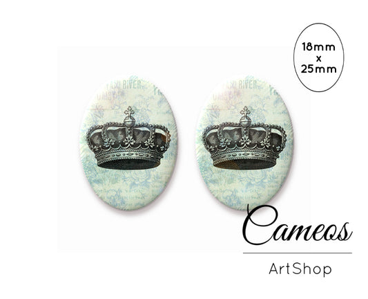 Oval Glass Cabochon 18x25mm Crown motive 2 pieces - O140 - Cameos Art Shop