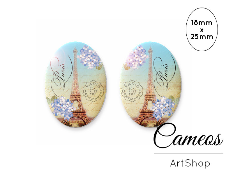 Oval Glass Cabochon 18x25mm Eiffel tower motive 2 pieces - O150 - Cameos Art Shop