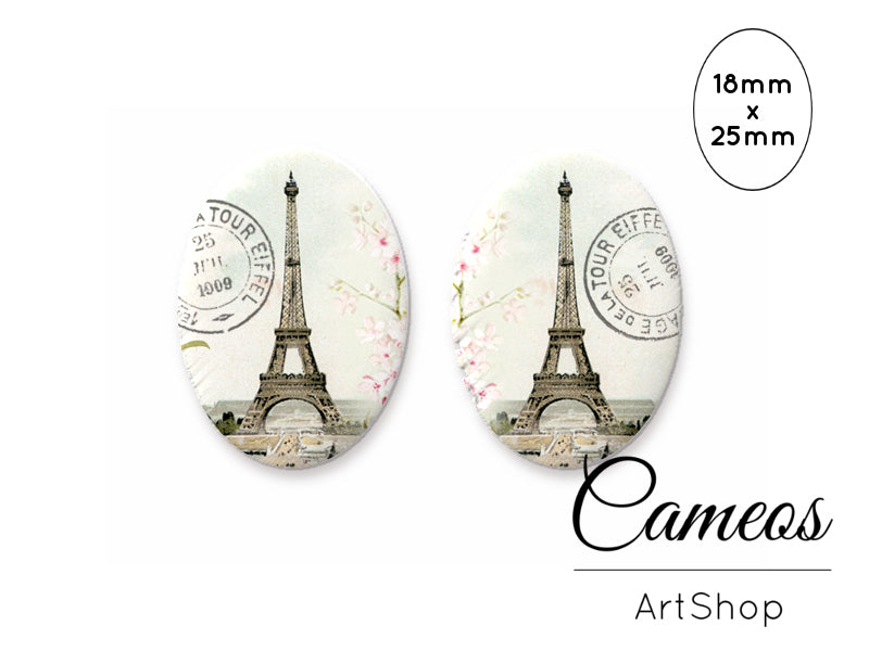 Oval Glass Cabochon 18x25mm Eiffel tower motive 2 pieces - O159 - Cameos Art Shop