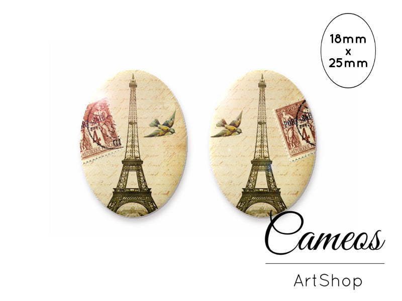 Oval Glass Cabochon 18x25mm Eiffel tower motive 2 pieces - O162 - Cameos Art Shop