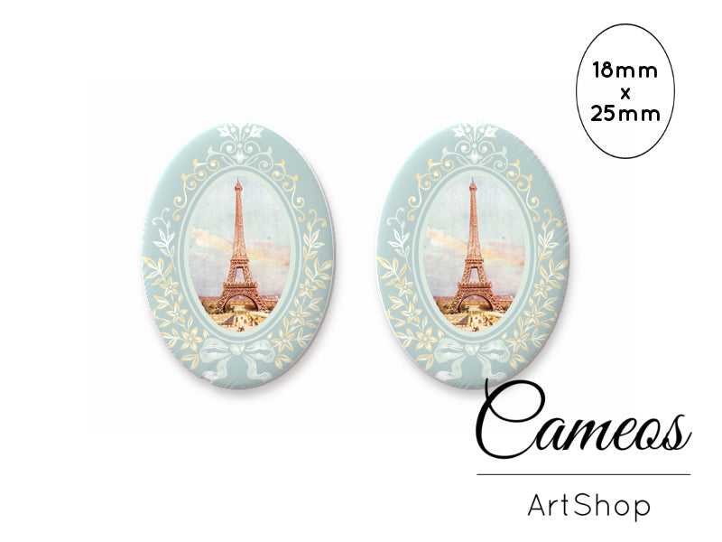 Oval Glass Cabochon 18x25mm Eiffel tower motive 2 pieces - O172 - Cameos Art Shop