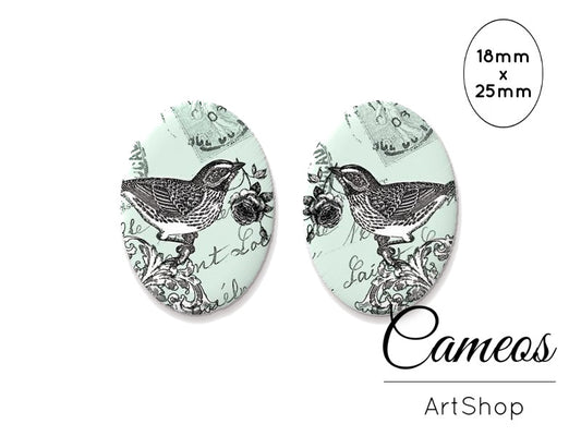 Oval Glass Cabochon 18x25mm Bird motive 2 pieces - O173 - Cameos Art Shop