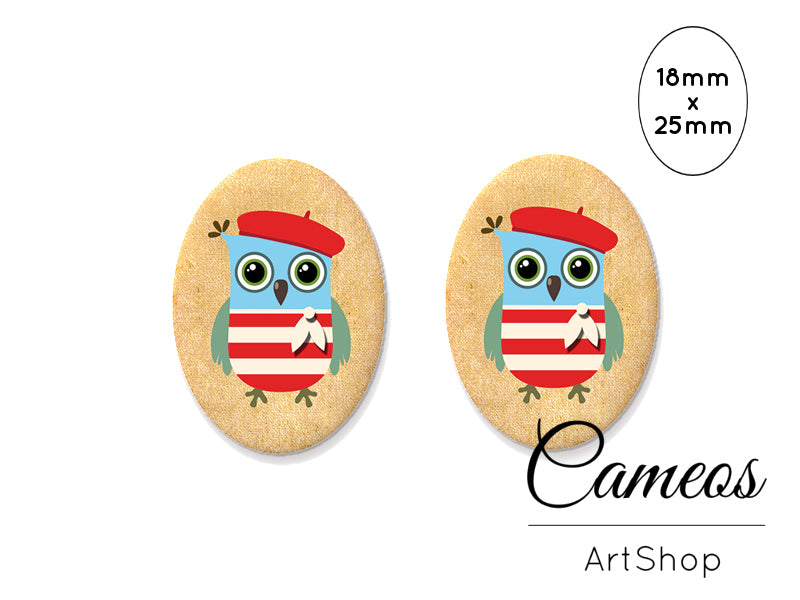 Oval Glass Cabochon 18x25mm, Cute Owl motive 2 pieces - O178 - Cameos Art Shop