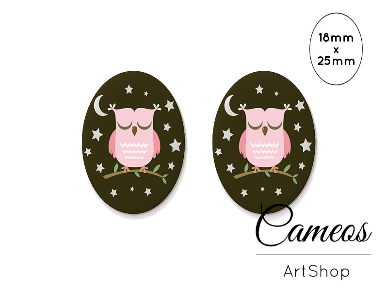 Oval Glass Cabochon 18x25mm, Cute Owl motive 2 pieces - O179 - Cameos Art Shop