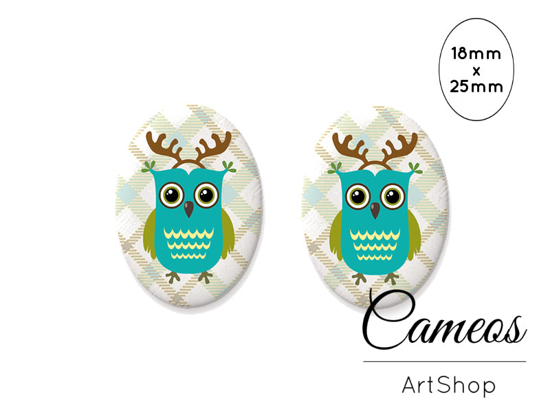 Oval Glass Cabochon 18x25mm, Cute Owl motive 2 pieces - O180 - Cameos Art Shop