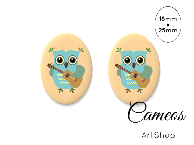 Oval Glass Cabochon 18x25mm, Cute Owl motive 2 pieces - O181 - Cameos Art Shop