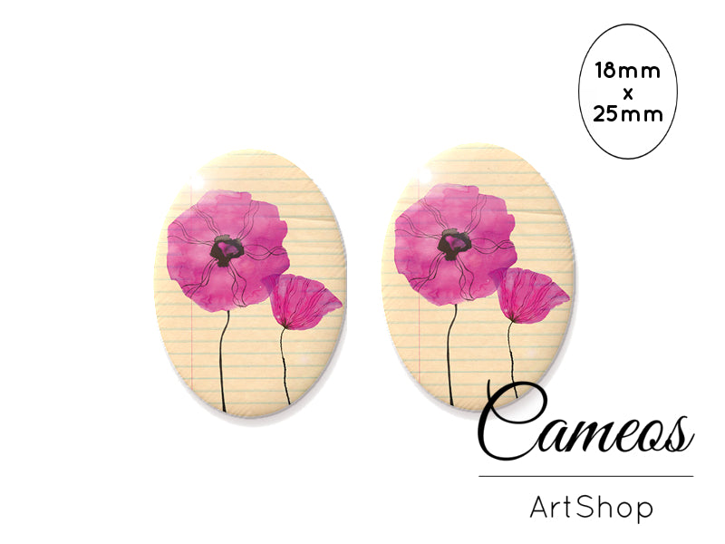 Oval Glass Cabochon 18x25mm Purple Poppy Flowers 2 pieces - O201 - Cameos Art Shop
