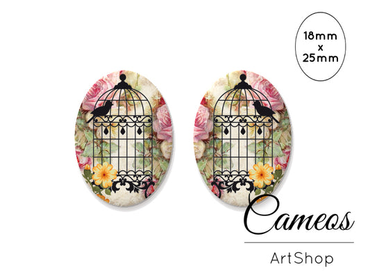 Oval Glass Cabochon 18x25mm Bird Cage 2 pieces - O202 - Cameos Art Shop