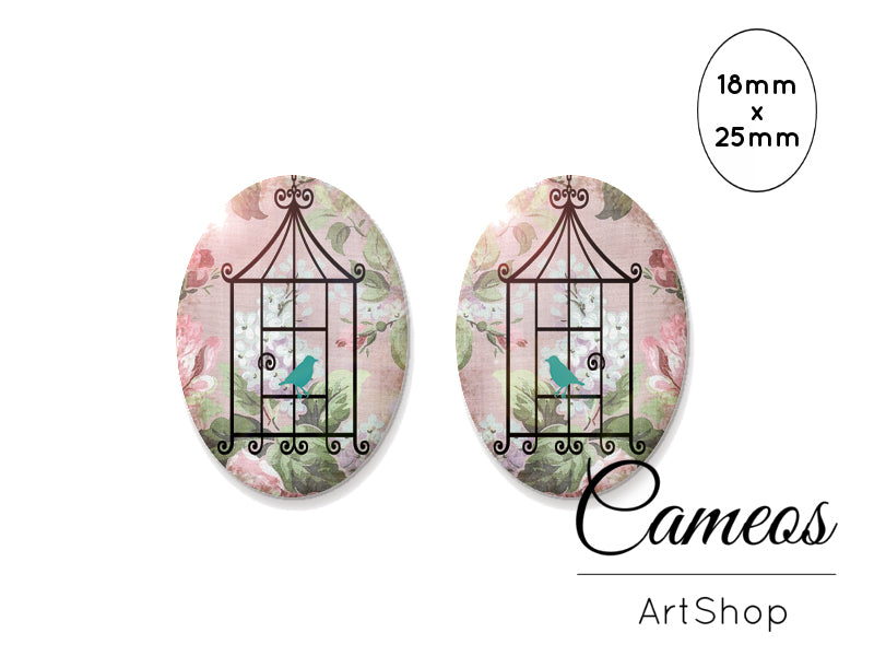 Oval Glass Cabochon 18x25mm Bird Cage 2 pieces - O203 - Cameos Art Shop