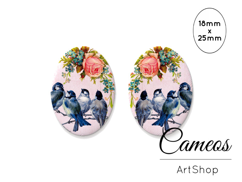 Oval Glass Cabochon 18x25mm Birds 2 pieces - O206 - Cameos Art Shop